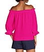 Color:Warm Magenta - Image 2 - Equinox Off-the Shoulder Ruched 3/4 Puffed Sleeve Top