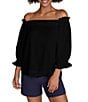 Color:Black - Image 1 - Equinox Off-the Shoulder Ruched 3/4 Puffed Sleeve Top
