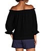 Color:Black - Image 2 - Equinox Off-the Shoulder Ruched 3/4 Puffed Sleeve Top