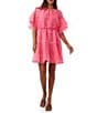 Trina Turk Ferry Sheer Burnout Round Neck Short Ruffle Sleeve Tiered Hem Blouson Dress, Color:Papillon Pink - Image 1