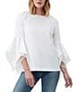 Color:White - Image 1 - Fontainebleau Sateen Crew Neck Handkerchief Bell Sleeve Blouse