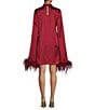 Color:Ruqa Red - Image 2 - Hiromi Satin Mock Neck Feather Trim Cape Shift Dress