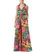 Color:Multi - Image 1 - Jacksonville Crinkle Chiffon Floral Print Ruffle Halter V-Neck Wide-Leg Jumpsuit