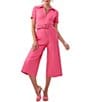 Color:Pink Paradise - Image 1 - Jannise 2 Twill Point Collar V-Neck Short Sleeve Zip Front Wide Leg Belted Cropped Jumpsuit