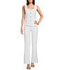 Color:White Wash - Image 3 - Juliette Stretch Woven Square Neck Sleeveless Button Front Top