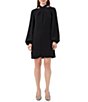 Color:Black - Image 1 - Kanai Silky Satin-Back Crepe Woven Crossover Neck Long Sleeve Shift Dress