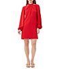 Color:Reina Red - Image 1 - Kanai Silky Satin-Back Crepe Woven Crossover Neck Long Sleeve Shift Dress