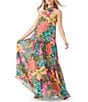 Color:Multi - Image 3 - Kissimmee Crinkle Chiffon Floral Print Halter Neck Sleeveless Drop Waist Tiered A-Line Dress