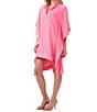 Color:Papillon Pink - Image 1 - Landmark Silky Satin-Back Crepe Split V-Neck Short Dolman Sleeve Caftan Dress