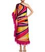 Color:Multi - Image 1 - Largo Asymmetrical Hem & Neck One Sleeve Feather Trim Maxi Dress