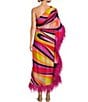 Color:Multi - Image 2 - Largo Asymmetrical Hem & Neck One Sleeve Feather Trim Maxi Dress