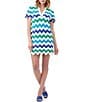 Color:Admiral Blue - Image 1 - Lido Beach Crochet Chevron Print Collared V-Neck Short Sleeve Scalloped Shift Dress