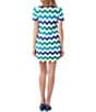 Color:Admiral Blue - Image 2 - Lido Beach Crochet Chevron Print Collared V-Neck Short Sleeve Scalloped Shift Dress