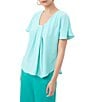 Color:Marina - Image 3 - Limoncello Pleated V-Neck Short Flutter Sleeve Top
