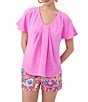 Color:Piazza Pink - Image 1 - Limoncello Pleated V-Neck Short Flutter Sleeve Top