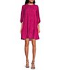 Color:Planetary - Image 1 - Lurex Georgette Jewel Neck 3/4 Puffed Sleeve Tiered Ruffled Hem Ruched Shift Dress