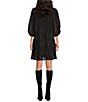 Color:Black - Image 2 - Lurex Georgette Jewel Neck 3/4 Puffed Sleeve Tiered Ruffled Hem Ruched Shift Dress