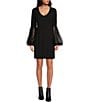Color:Black - Image 1 - Mai Knit Jersey Scoop Neck Long Sleeve With Tulle Mesh Bell Sheath Dress