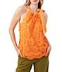 Color:Aperol Orange - Image 1 - Mirai Embroidered Floral Halter Neck Tie Bow Sleeveless Top