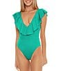 Color:Guitar Green - Image 1 - Monaco Solid Ruffle Plunge V-Neck One Piece Swimsuit