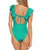 Color:Guitar Green - Image 2 - Monaco Solid Ruffle Plunge V-Neck One Piece Swimsuit