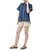 Trina Turk Opponent Denim Point Collar Short Sleeve Button Front Boxy Top, Color:Indigo - Image 3