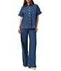 Trina Turk Opponent Denim Point Collar Short Sleeve Button Front Boxy Top, Color:Indigo - Image 4