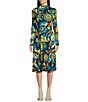 Color:Tribeca Teal Multi - Image 1 - Pierce Stretch Knit Mod Abstract Floral Print Mock Neck Long Sleeve Midi Sheath Dress