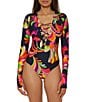 Trina Turk Poolside Swirl Long Sleeve Lace-Up Paddle One Piece Swimsuit, Color:Multi - Image 1