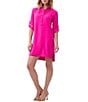 Color:Trina Pink - Image 1 - Portrait Silky Satin Back Crepe Point Collared Short Roll Tab Sleeve High-Low Hem Side Slit Button Down Shirt Dress