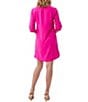 Color:Trina Pink - Image 2 - Portrait Silky Satin Back Crepe Point Collared Short Roll Tab Sleeve High-Low Hem Side Slit Button Down Shirt Dress