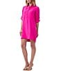 Color:Trina Pink - Image 3 - Portrait Silky Satin Back Crepe Point Collared Short Roll Tab Sleeve High-Low Hem Side Slit Button Down Shirt Dress