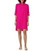 Color:Warm Magenta - Image 1 - Portrait Woven 3/4 Roll-Tab Sleeve Button Front Shirt Dress