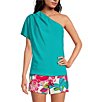 Color:Tranquil Turquoise - Image 1 - Primrose Woven Off-the-Shoulder One Short Sleeve Asymmetrical Neck Top