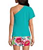Color:Tranquil Turquoise - Image 2 - Primrose Woven Off-the-Shoulder One Short Sleeve Asymmetrical Neck Top