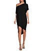 Color:Black - Image 1 - Radiant One Shoulder Short Sleeve Asymmetrical High-Low Hem Cocoon Waistless Caftan Dress
