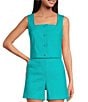Color:Oceano - Image 1 - Refreshment 2 Jacquard Textured Square Neck Sleeveless Button Front Top