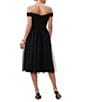 Color:Black - Image 2 - Renai Sweetheart Neck Off-the-Shoulder Short Sleeve A-Line Midi Tulle Dress
