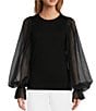 Color:Black - Image 1 - Rhea 2 Luxury Merino Wool Crew Neck Long Puff Tulle Sleeve Sweater