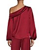 Color:Ruqa Red - Image 2 - Satin Asymmetric One Shoulder Long Sleeve Top