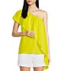Color:Daisy - Image 1 - Satisfied Silky Satin Back Crepe Asymmetric One Shoulder Ruffled Woven Top