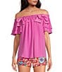 Color:Piazza Pink - Image 1 - Silia 2 Crepe Off-The-Shoulder Short Tiered Sleeve Bow Top