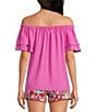Color:Piazza Pink - Image 2 - Silia 2 Crepe Off-The-Shoulder Short Tiered Sleeve Bow Top