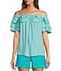 Color:Marina - Image 1 - Silia 2 Crepe Off-The-Shoulder Short Tiered Sleeve Bow Top