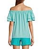 Color:Marina - Image 2 - Silia 2 Crepe Off-The-Shoulder Short Tiered Sleeve Bow Top