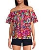 Color:Multi - Image 1 - Silia Silk Summer Floral Print Off-The-Shoulder Short Tiered Sleeve Top