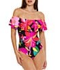 Color:Multi - Image 1 - Solar Floral Print Off-the-Shoulder Ruffle One Piece Swimsuit
