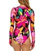 Color:Multi - Image 2 - Solar Floral Print Zip Front Long Sleeve One Piece Paddle Suit