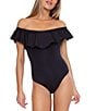 Color:Black - Image 1 - Solid Monarco Off-the-Shoulder Ruffle One Piece Swimsuit
