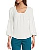Color:Whitewash - Image 1 - Still Woven 3/4 Bishop Sleeve Pleated Scoop Neck Top